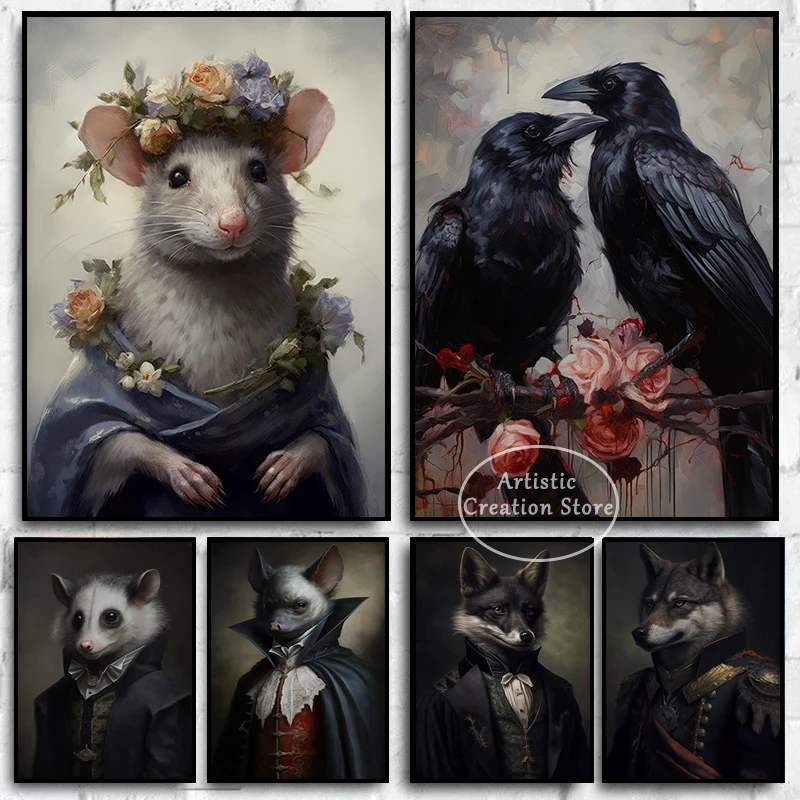 Gothic Animals in Dress Canvas Painting Vintage Romantic Raven Couple Dark Academia Bat Fox Print Victorian Art Room Decor Gifts