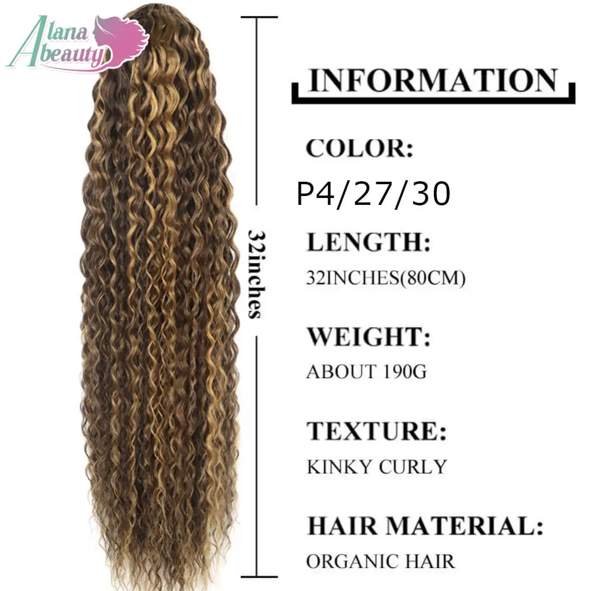 Alana Синтетический вьющийся хвост на шнурке Длинный курчавый вьющийся хвост Органический зажим для наращивания волос в хвосте