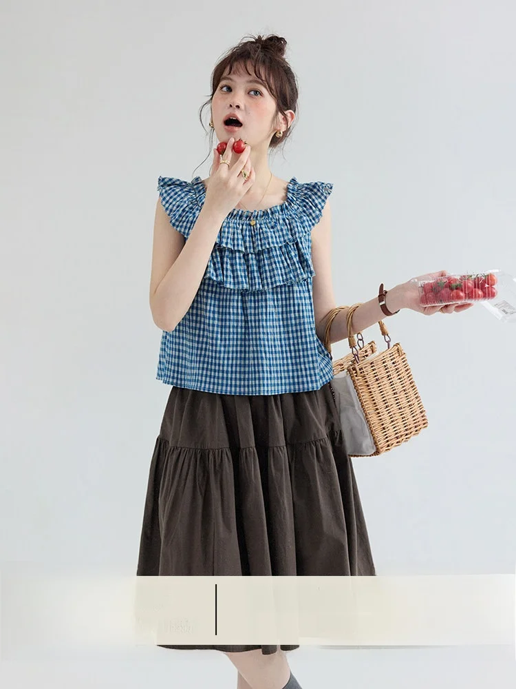 

Original Design Dual-Wear Pure Cotton Lace Shirt Women's Summer New Style Age-Defying Blue Plaid Top Breathable Comfortable