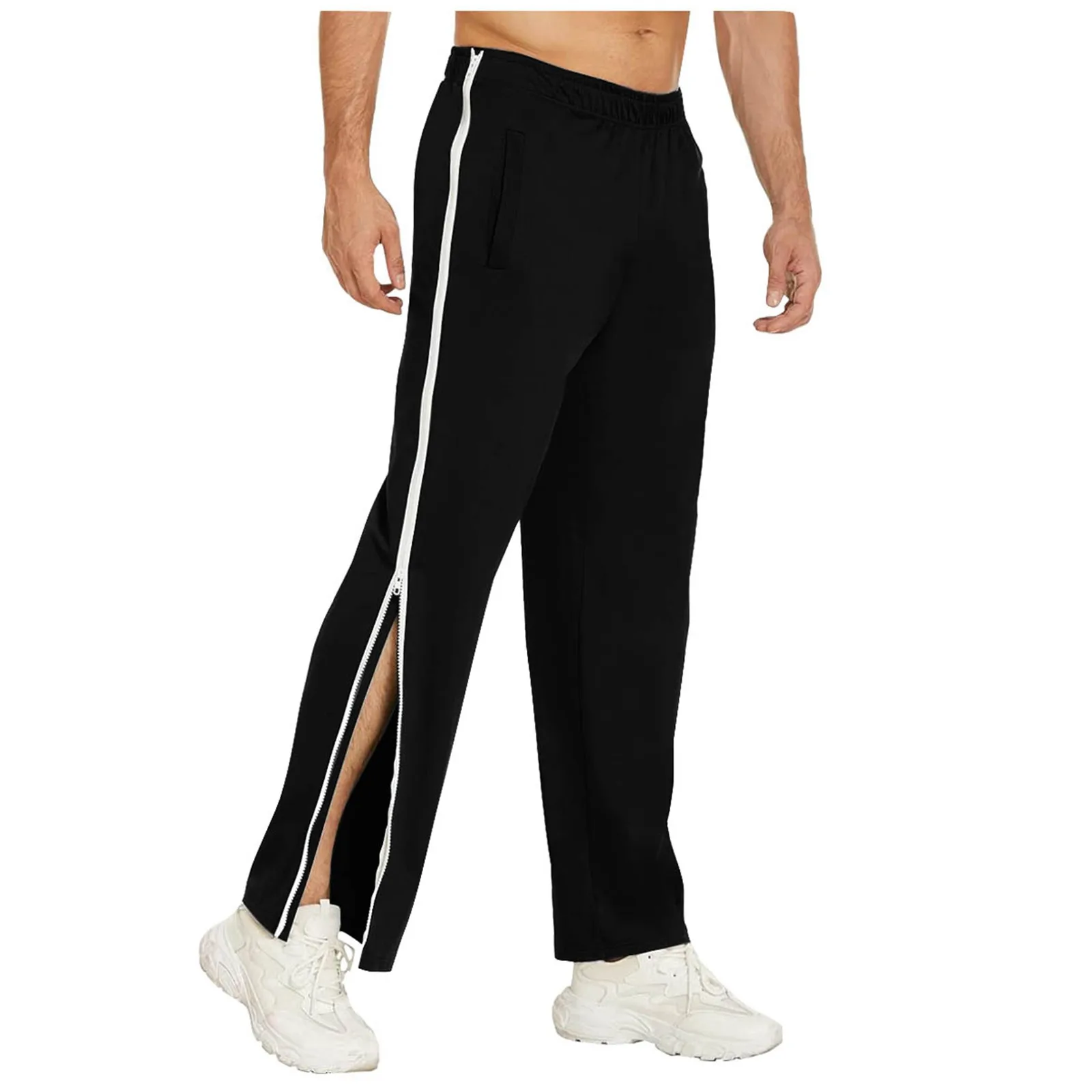 Men Long Pants Four Seasons Full Zipper Sweatpants Joggers Trousers Tearing Pants Casual Loose Casual Sportswear With Pockets