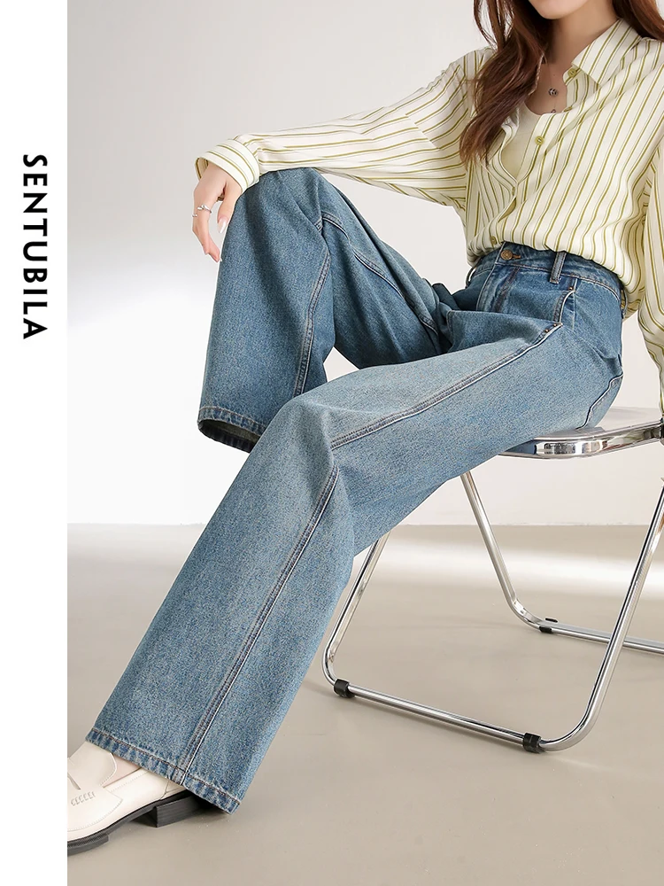 SENTUBILA 100% Cotton Baggy Jeans Women Loose Straight Wide Leg Pants Woman 2025 Spring High Street Casual Trouser W41N53650