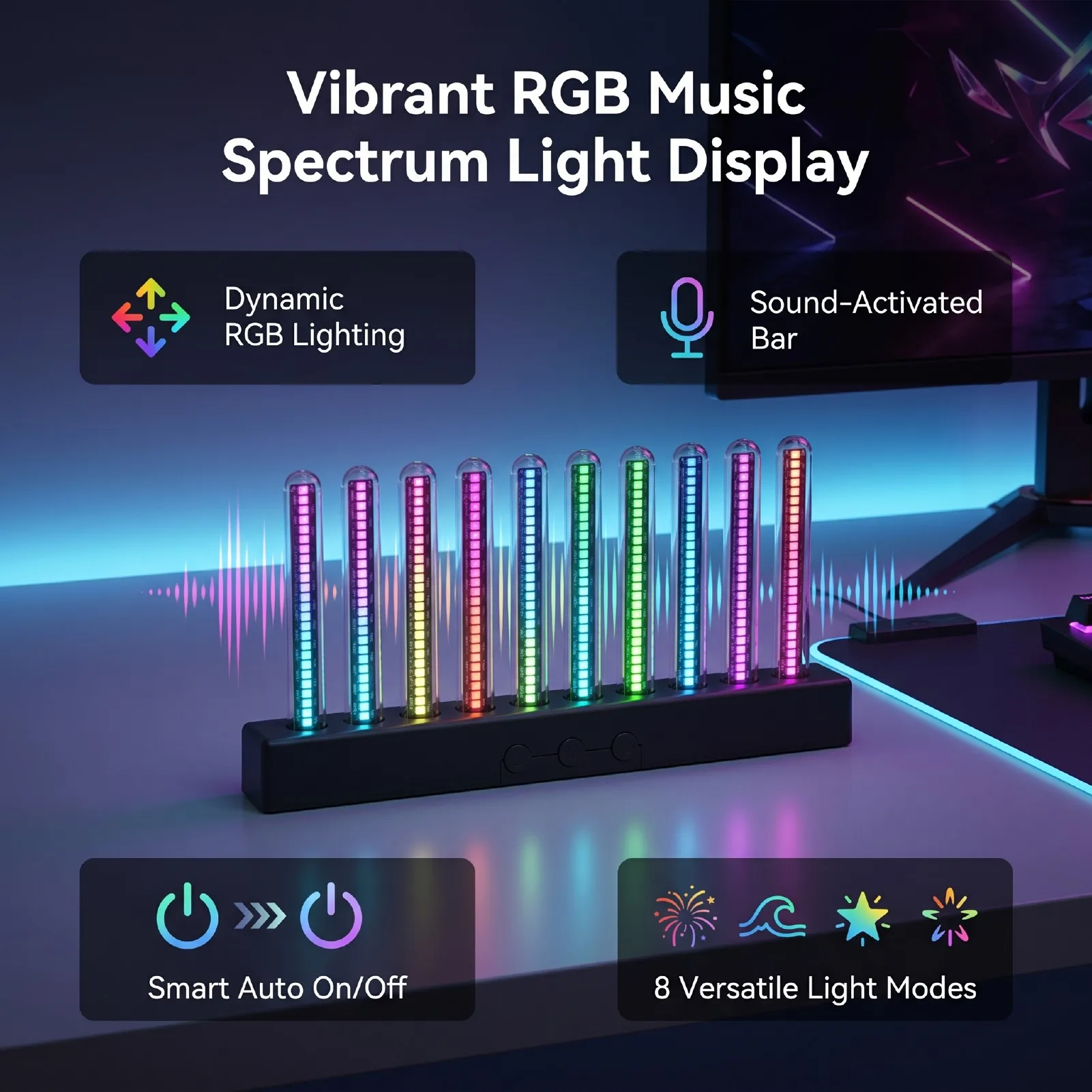 10 Tube RGB Music Spectrum Light Display Versatile Modes Intelligent Sensory Sound Activated Light Bar Display