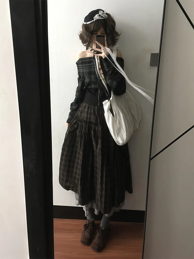 일본 2피스 세트 여성 슬래시 넥 체크 무늬 그랜지 지퍼 블라우스 + 빈티지 하이웨이스트 러플 스커트 Y2K 감성 의상