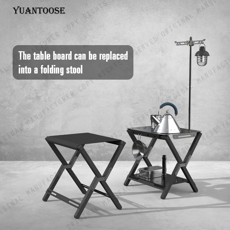 Mesa de camping portátil para picnic al aire libre, aleación de aluminio, madera de haya