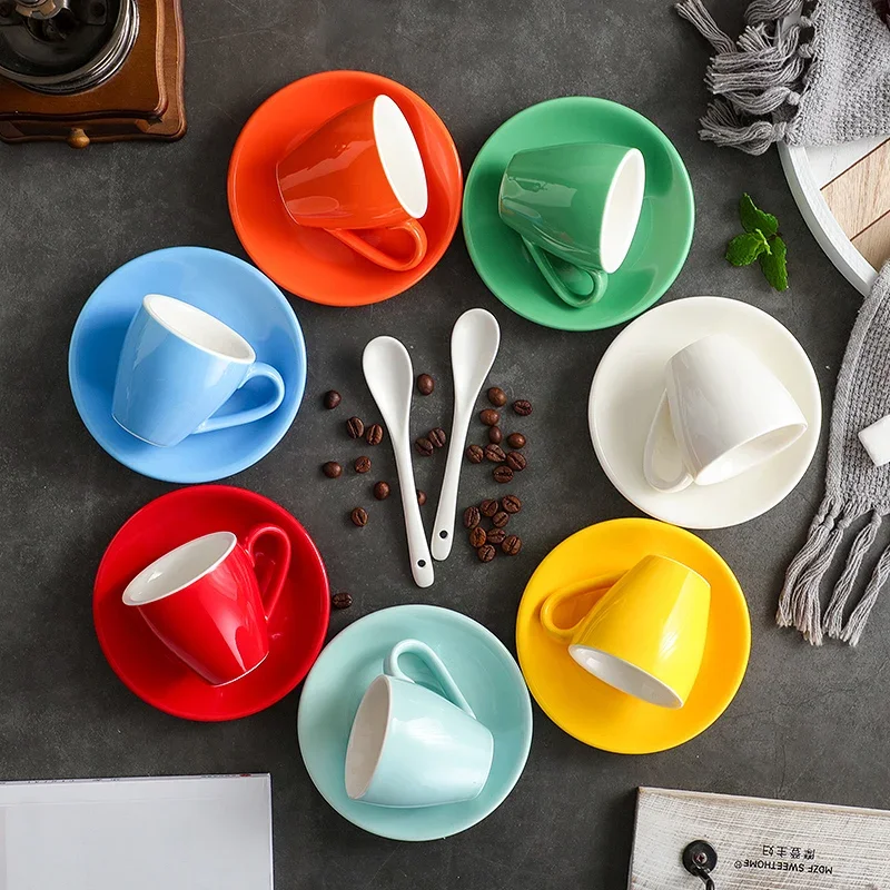 Tasse à expresso en céramique colorée macaron de 80 ml avec soucoupe, mini-tasse délicate pour le petit-déjeuner, le pain, le lait, la maison, le bureau, la décoration artistique