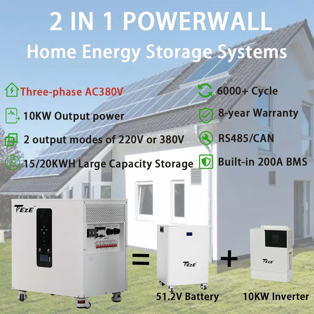 TEZE Three-Phase AC380V 15KWH 20KWH Powerwall 51.2V 300AH/400AH LiFePO4 Battery With Inverter All-in-one  10KW Output