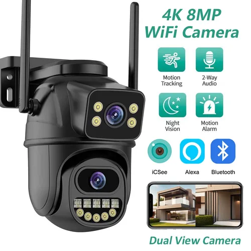Cámara IP de doble pantalla 4K y 8MP, Wifi, PTZ, para exteriores, 4MP, AI, seguimiento automático, CCTV, Audio HD, videovigilancia, P2P, iCSee