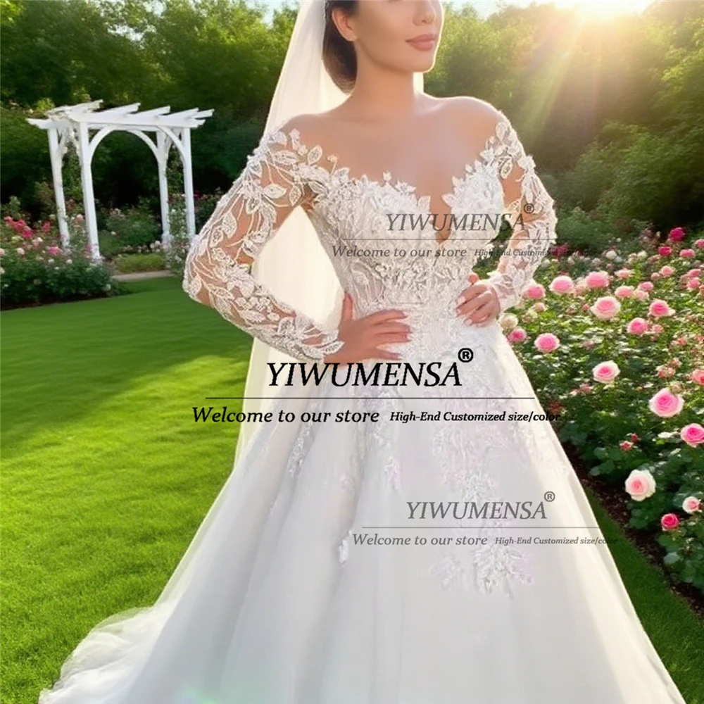 Robe de mariée trapèze élégante en Tulle, col rond, manches longues, personnalisée, avec des Appliques en dentelle scintillante, avec traîne de balayage