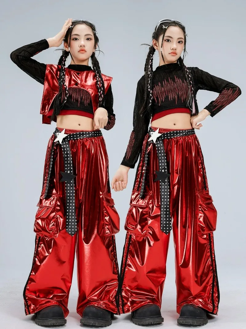 

Girls' Jazz Dance Outfit Bla And Red Crop Top Leather Pants Performance Costume Children's Faion ow Suit Fem Toddler