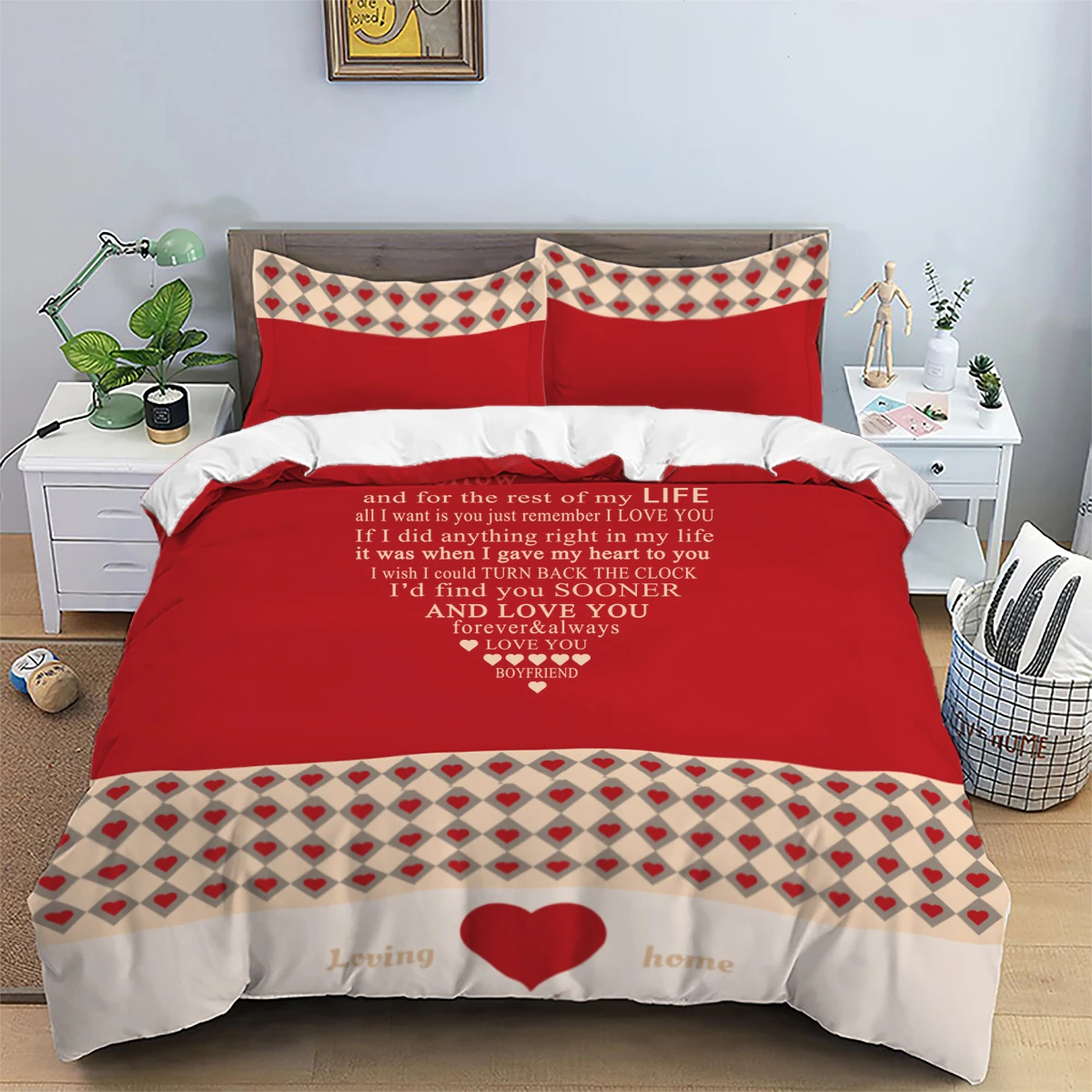 3 piece matte polyester fabric bedding set, skin friendly, comfortable, warm, red surface, heart-shaped, diamond shaped grid,