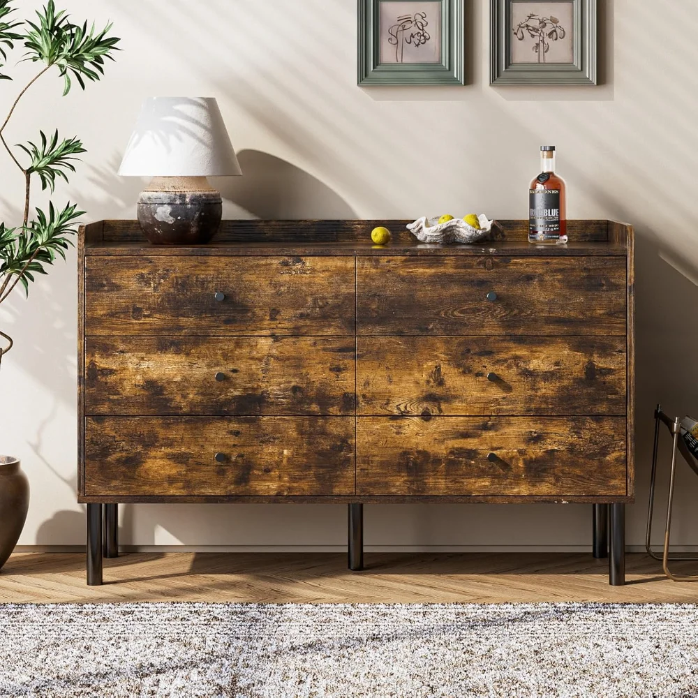 

Dresser for Bedroom, 6 Drawer Rustic Brown Dresser with Wide Drawer and Metal Handles, Modern Dressers