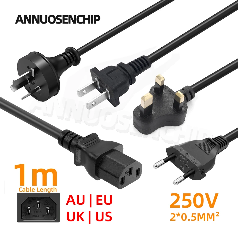 Black 1m EU AU UK US Plug Power Cable IEC 320 C13 AC Power Supply Wire Extension Cord for PC Computer Monitor TV Speaker Printer