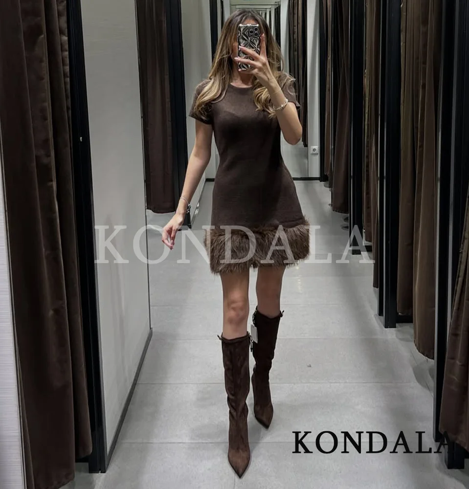 KONDALA 秋ニットフェイクファー裾ショートドレス レディース エレガント半袖ドレス 2025 春秋ファッションパーティーショートドレス