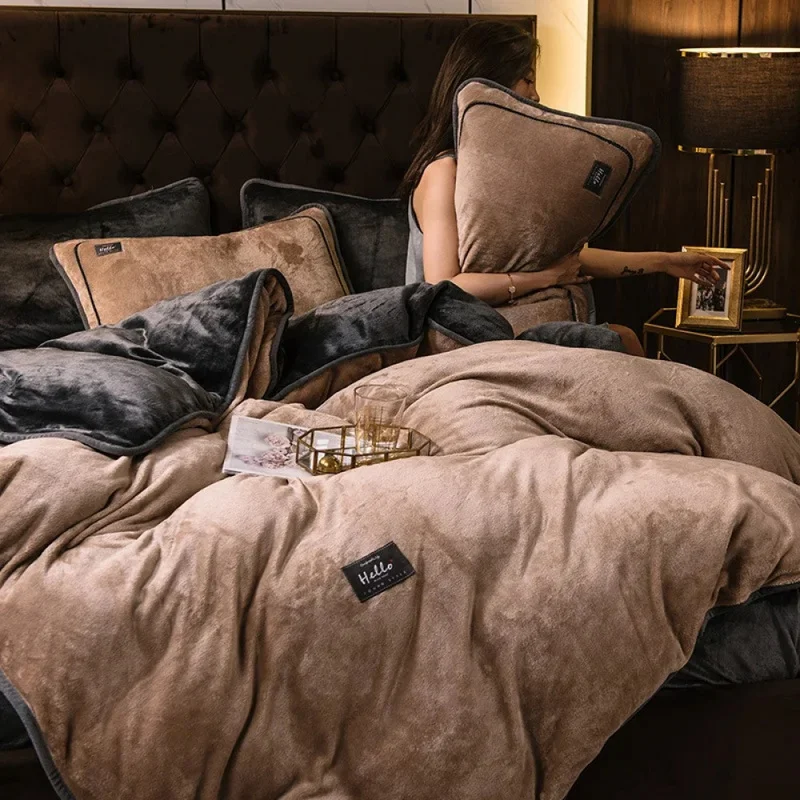 Soft Velvet Bed Sheets Bedding Set for Winter, Luxury Quilt Comforter Duvet 4pcs Bedding Sets Collection