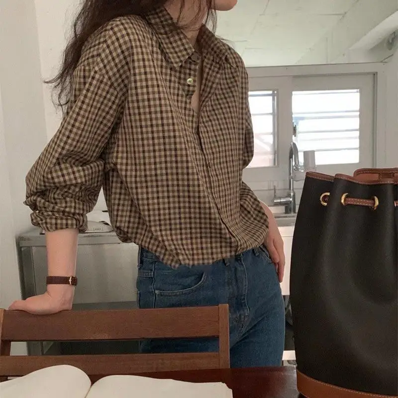 Women's Clothing Capable Neat Tight Tall and Straight Buttons Plaid Temperament Long Sleeve Office Lady Simplicity Elegant Trend