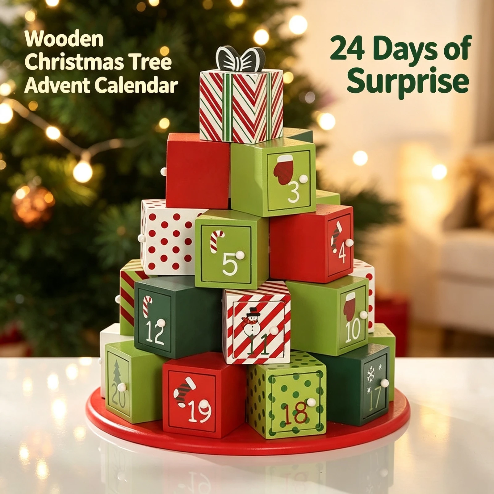 Wooden Christmas Advent Calendar Blocks, Tree Shape Countdown Gift Box, Set With Drawers Xmas Home, Decoration Ornament For Kids
