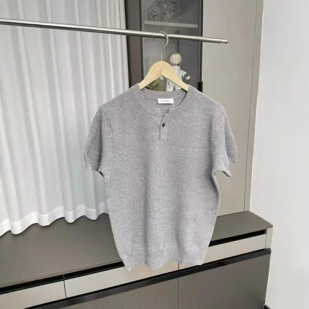 

2025Fashionable Versatile Men's Knitted Ice Silk Short Sleeve T-Shirt Base Layer Shirt Lightweight Luxury Clothing Henry Collar