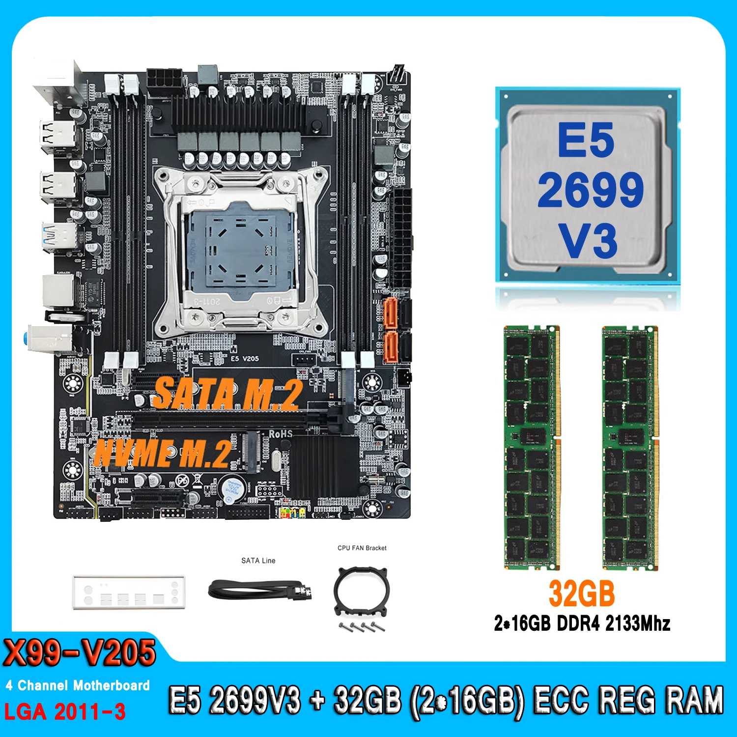 Ensemble de carte mère X99 pour ordinateur, kit LGA 2011-3, processeur CPU Xeon E5 2699 V3, 32 Go, 2x16 Go de mémoire RAM DDR4, E5 2699V3