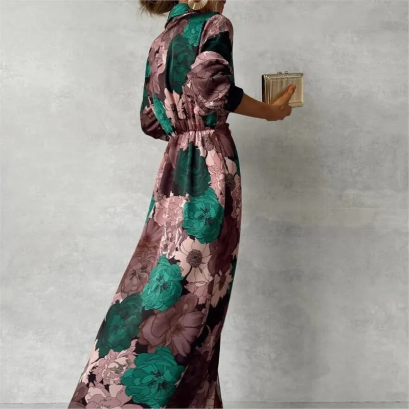 Elegante abito lungo da donna con stampa autunnale con bottoni con risvolto maniche a lanterna con cintura in vita e grande abito con stampa floreale