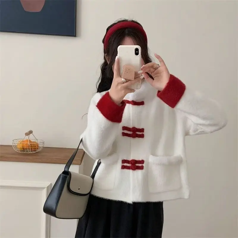 اليابان الأحمر القطيفة تقسم ​ ​ سترة المنك الجديدة النمط الصيني المرأة عيد الميلاد ورأس السنة الجديدة ارتداء سترة محبوكة