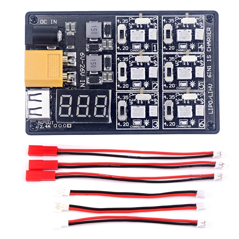 6IN1-1S Lipo LiHV xt60 12V3A battery 6-channel charger suitable for Ph1.25/2.0/JST/51005 plug