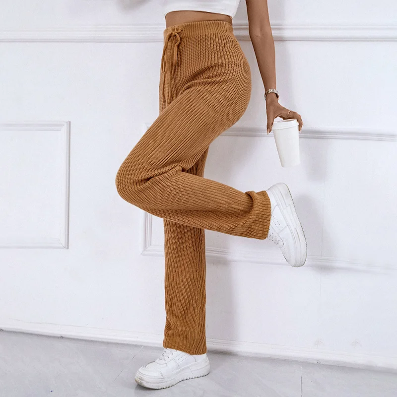 YQ1-automne hiver femmes vente chaude décontracté maison taille haute coupe ajustée couleur unie Stretch laine pantalons longs en Stock