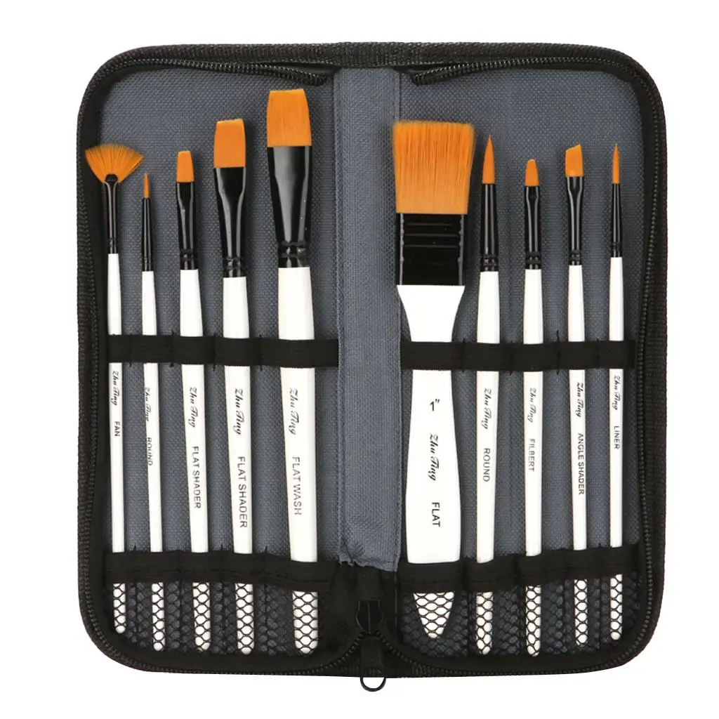 10 Different Sizes Nylon Hair Paint Brushes Art Brush With Carry Case