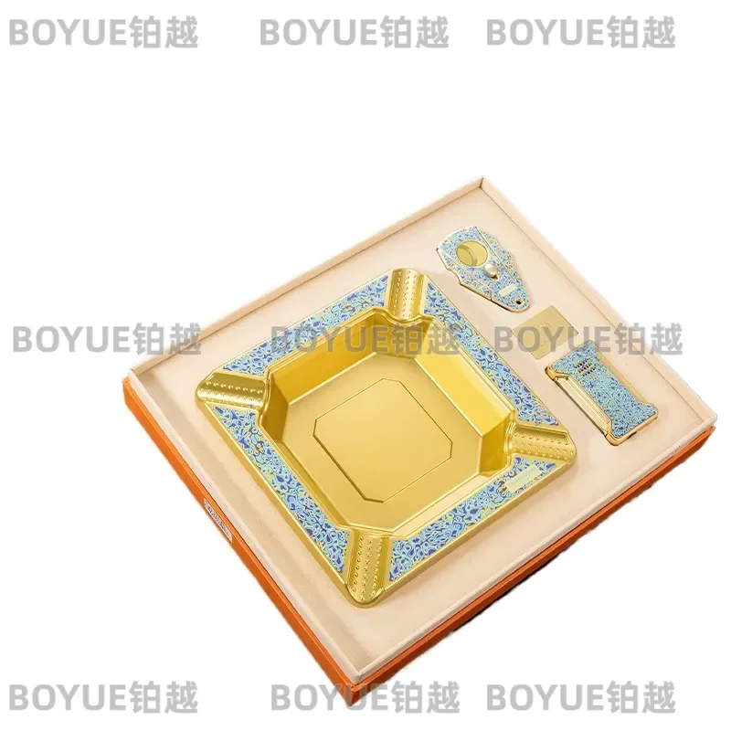 Dragon Motif Metal Cigar Set Lacquer Art Scissors Ashtray Lighter 3 Piece Kit Premium Smoking Accessories Gift for Men