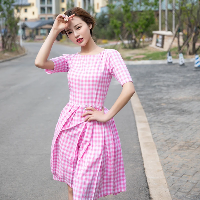 

Vintage Retro Sweet Pin Up Pink White Plaid Big Swing Dress Women Pure Cotton Puffy Sweet Elegant Ladies Dresses