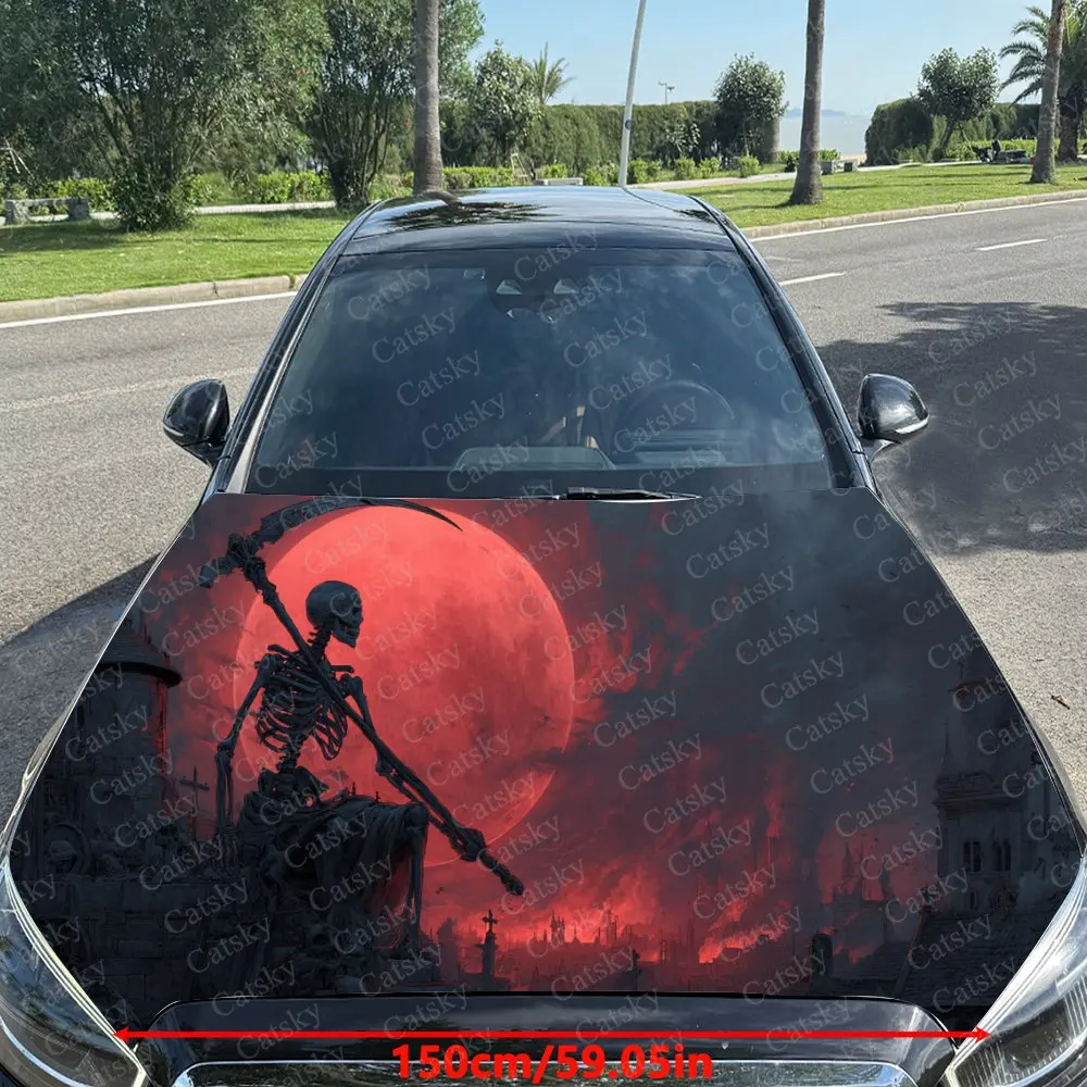 Gothic Skeleton Knight in Red Moon Car Cover Sticker, Auto Hood Decal, Car Exterior Scratch Resistant Decal, Trendy Gift for Car