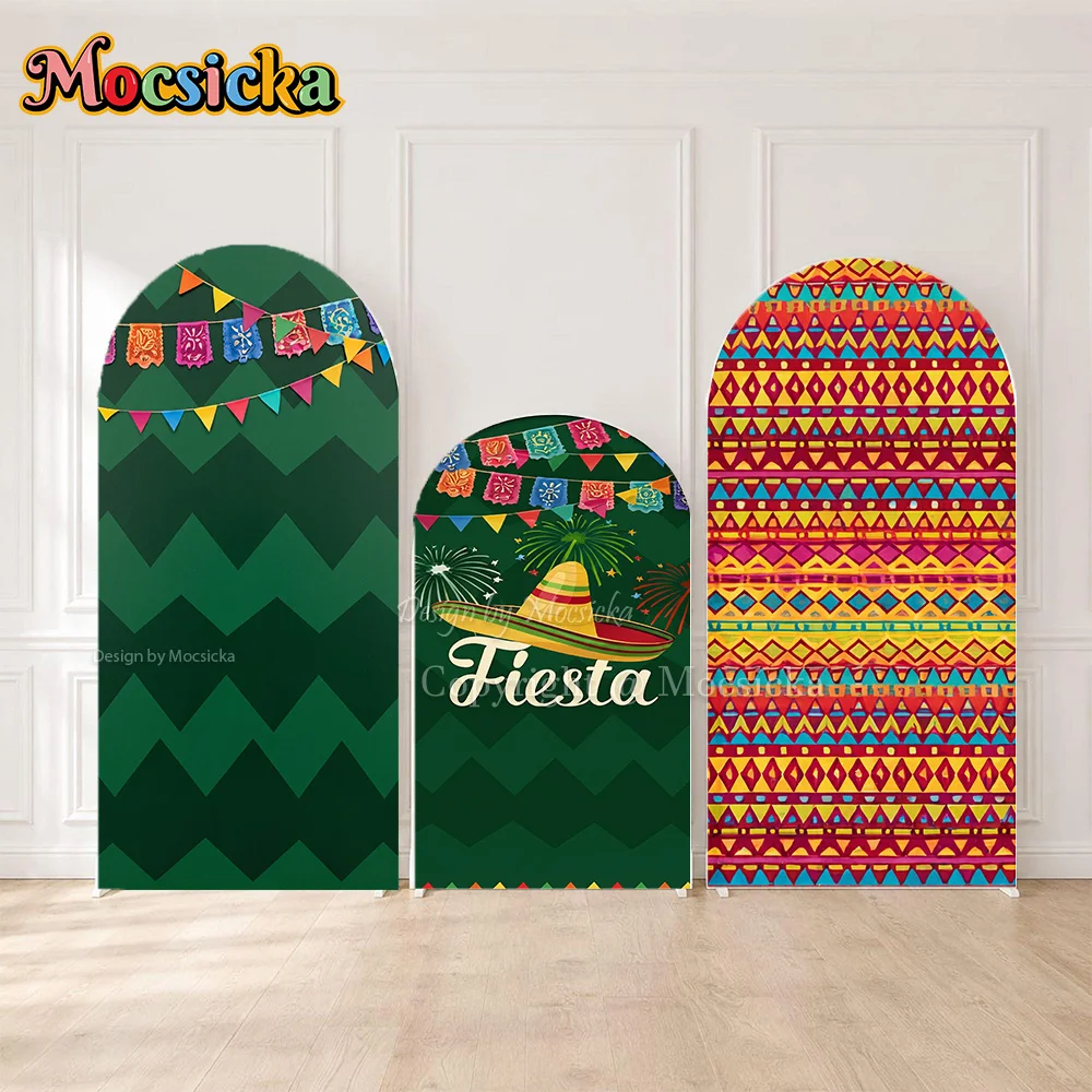 Mocsicka Custom 2-Sided Arch Cover Backdrop Mexican Fiesta Sombrero Color Flag Stripes Cinco De Mayo Festival Party Background