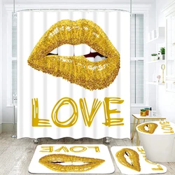 Love Print Shower Curtain Golden Lips Girl Bathroom Partition Waterproof Bath Curtains Toilet Bathtub Mat Set Home Decoration