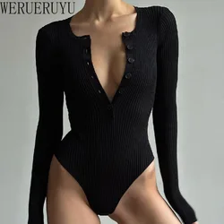 Black Long Sleeve Bodysuit Women One Pieces Sexy Corset Tops Autumn Winter Button Knitted High Waist Jumpsuits for Womens 2024