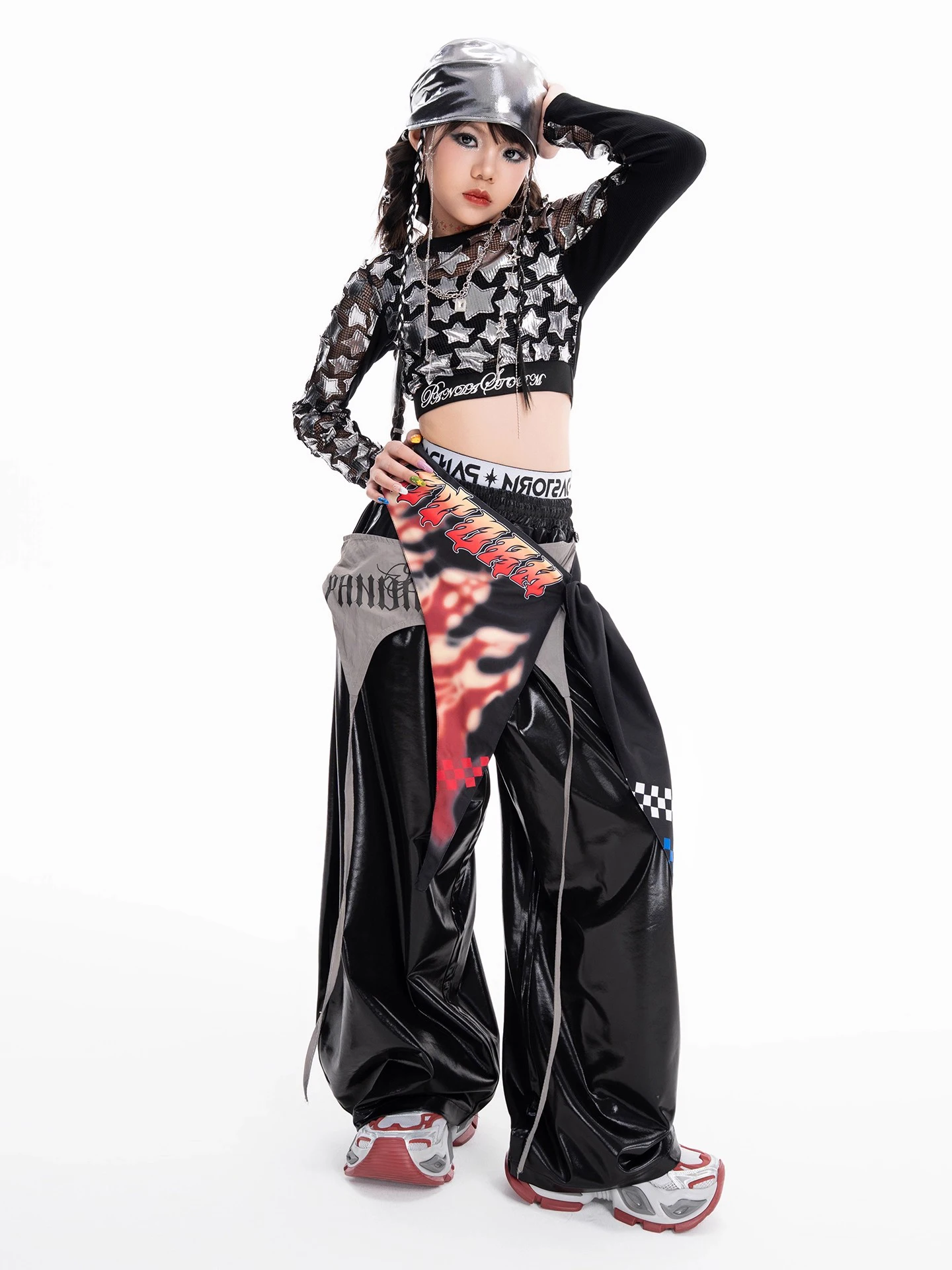 여자 재즈 댄스 의상 크롭 긴 소매 탑 바지 무대 의상 어린이 스트리트 댄스 어린이 힙합 의류 DN22077