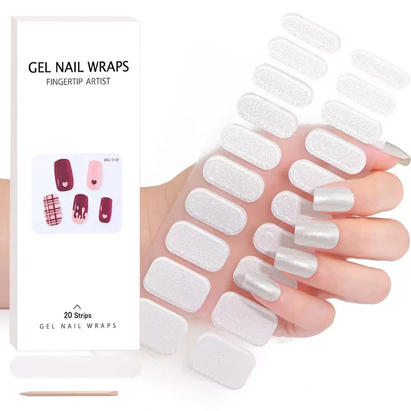 Pure Kleur Semi-Uitgeharde Gel Nagelstickers 20Tips Uv/Led Baklamp Gel Nagellak Wraps Glitter Volledige Cover Gel Sticker Manicure