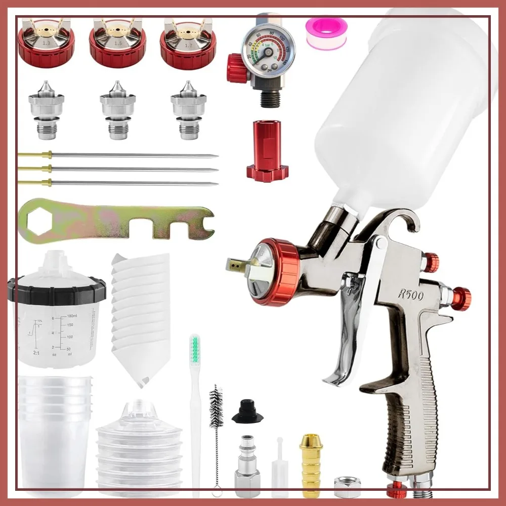 

LVLP Air Spray Gun R500 Kit: 1.3/1.5/1.7mm Nozzles, 600ml & 200ml Cups, for Car & House Painting