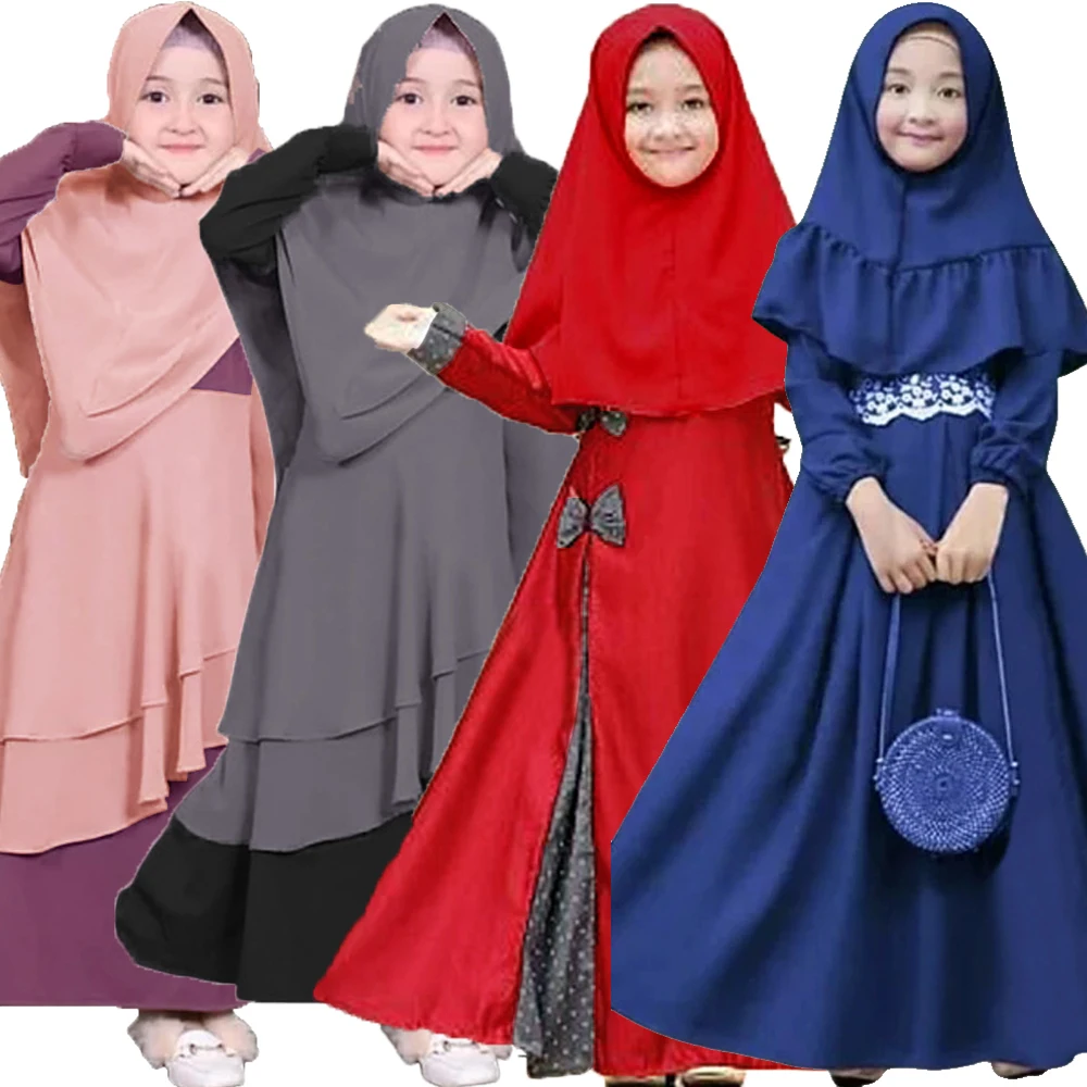 Ramadan Khimar Prayer Garment for Kids, Girls Hijab Dress, Crianças Abaya Khimar, Vestuário Islâmico, Manto Muçulmano, Burqa, Kaftan, 2pcs