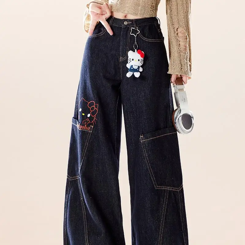 Jeans Hello Kitty Scimitar Work Pants 2026 New Women's Spring Summer Retro Distressed Washed Casual Wide Leg Loose Pants Cartoon view 4