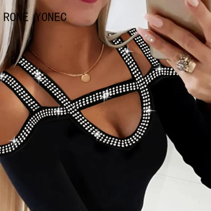 Women Chic Basic Rhinestone Patchwork Off Shoulder Long Sleeves Sexy Black Blouse Tops