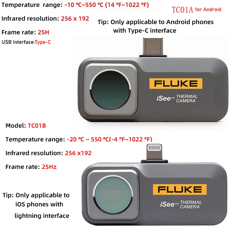 Fluke iSee TC01A TA01B  Thermal Camera -20 ℃~550 ℃  Infrared Thermal Imaging for Smartphone Android Type C PCB 256x192 25Hz