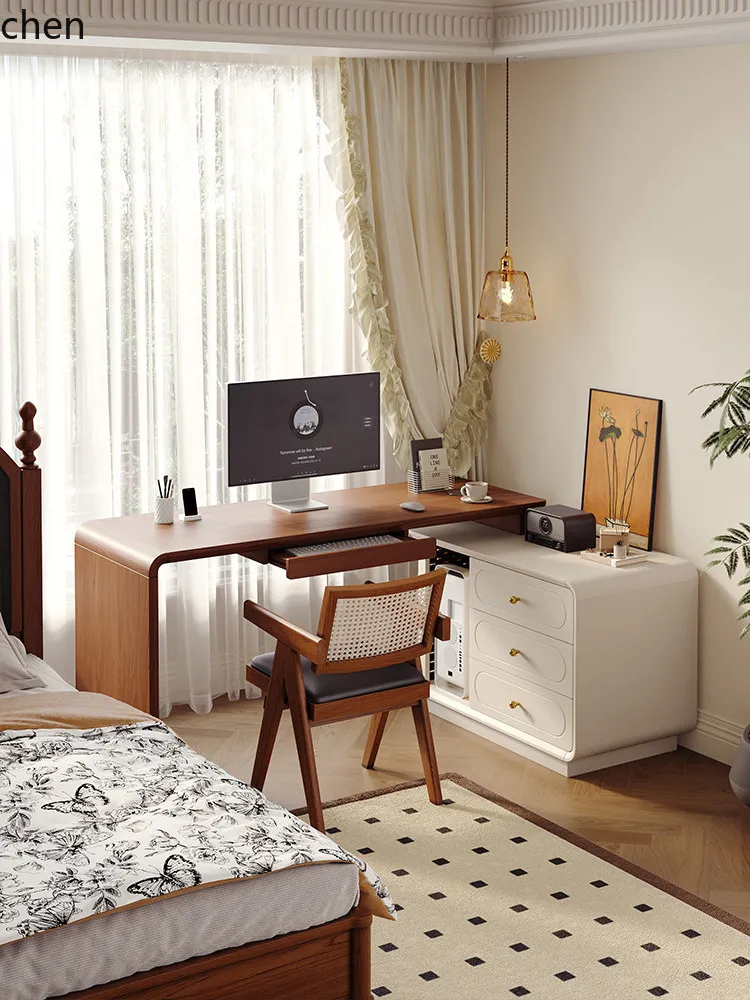 YFY Two-tone Home Corner Computer Desk, Extendable and  , Small Apartment Solid Wood Desk with Storage Cabinet and Main Unit