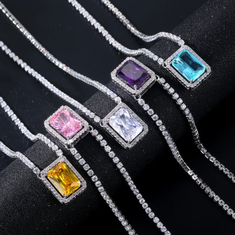 Fashionable And Minimalist Zircon Pendant With Square Cut Seven Color Inlaid Zircon Necklace