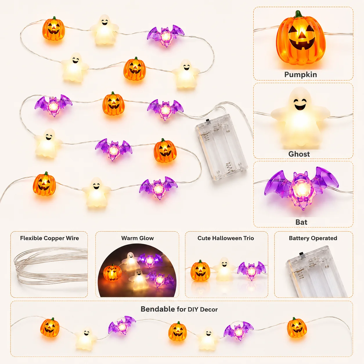 1 Stück 20/30 LED Halloween Kürbis Geist Fledermaus Lichterkette Batteriebetrieben Gruselige Feenlichter für Heimdekoration, Indoor-Party, Festivaldekoration – Detail 3