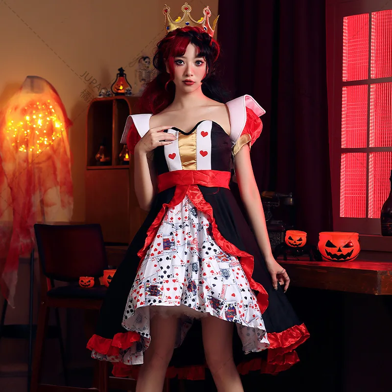 Halloween Costumes Red Poker Printed Dresses For Women Alice In Wonderland Peach Heart Character Costume Sexy Dress