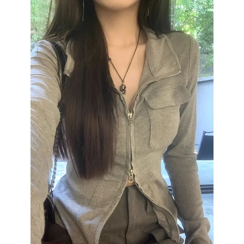 حار فتاة نقية المثيرة مزدوجة سحابات بدوره إلى أسفل طوق بأكمام طويلة تي شيرت امرأة الربيع/الصيف شكل المناسب Midriff-baring #2