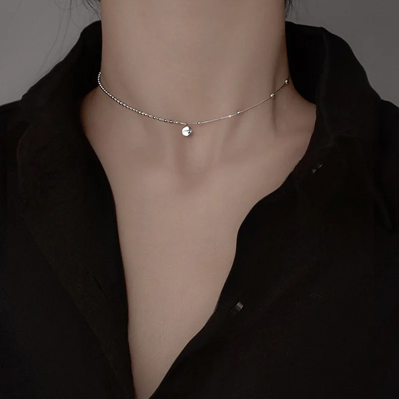 40CM Length 925 Sterling Silver Neck Snake Chain Lucky Round Card Pendants Necklaces Women Luxury Jewelry Accessories Argent 925