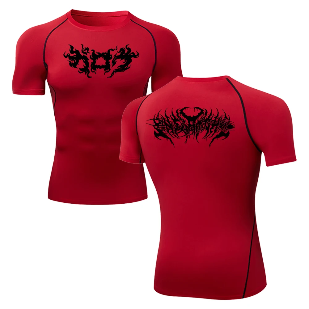 Summer Men's Compression Sports Training T-Shirt Quick Dry Gym Running Workout Short Sleeve Top Gothic Flame Thorn Letter Print view 4