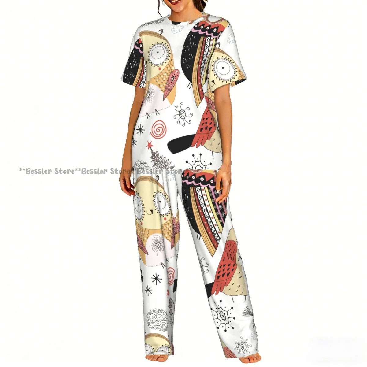 

Women Pajama Sets Lounge Sleepwear Cute Christmas Owls Short Sleeve Nightwear