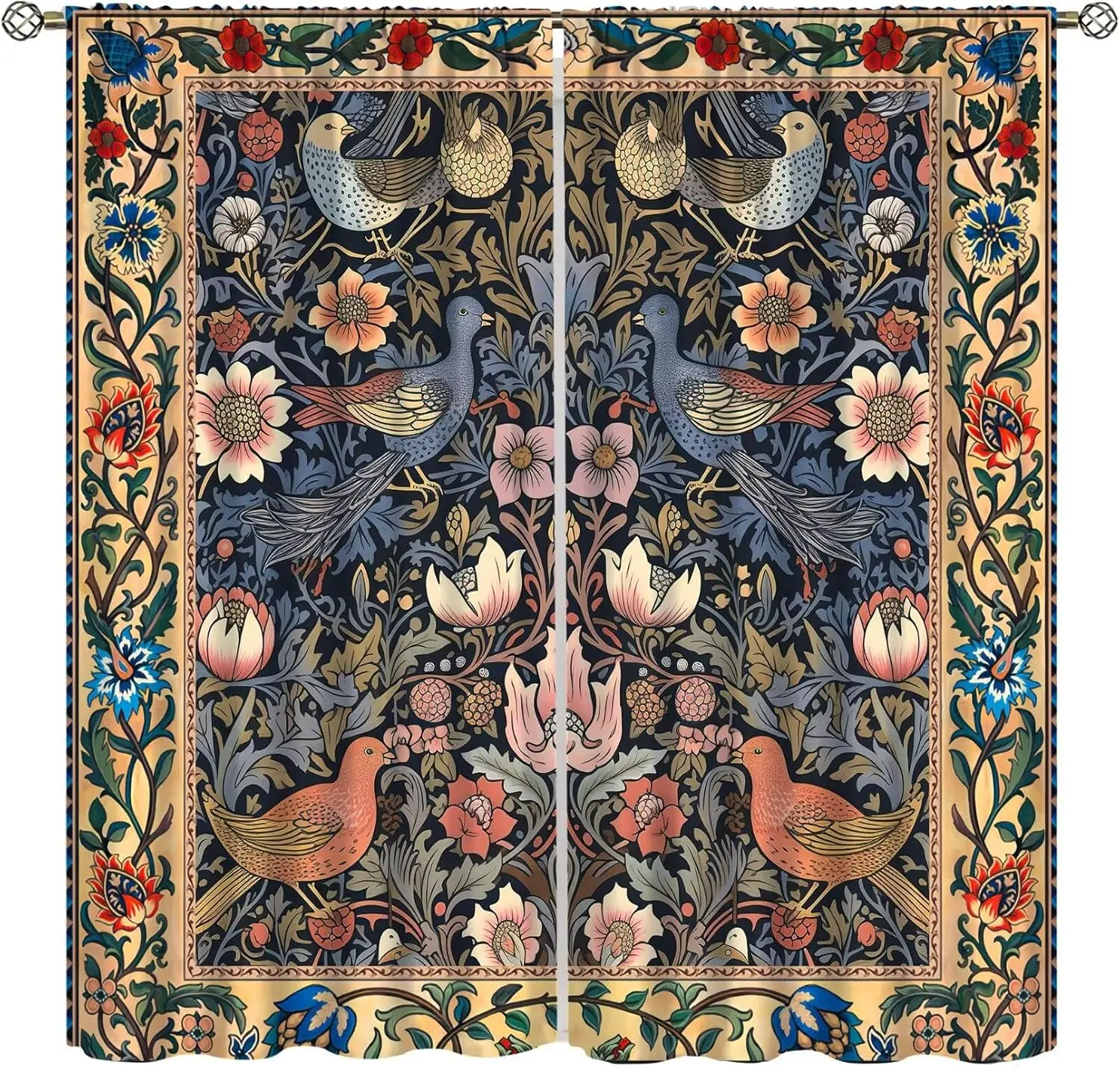 Boho William Morris Curtains Retro Bird Elegant Animal Pattern Printing Curtains Bedroom Living Room Privacy Curtains 2 Panels