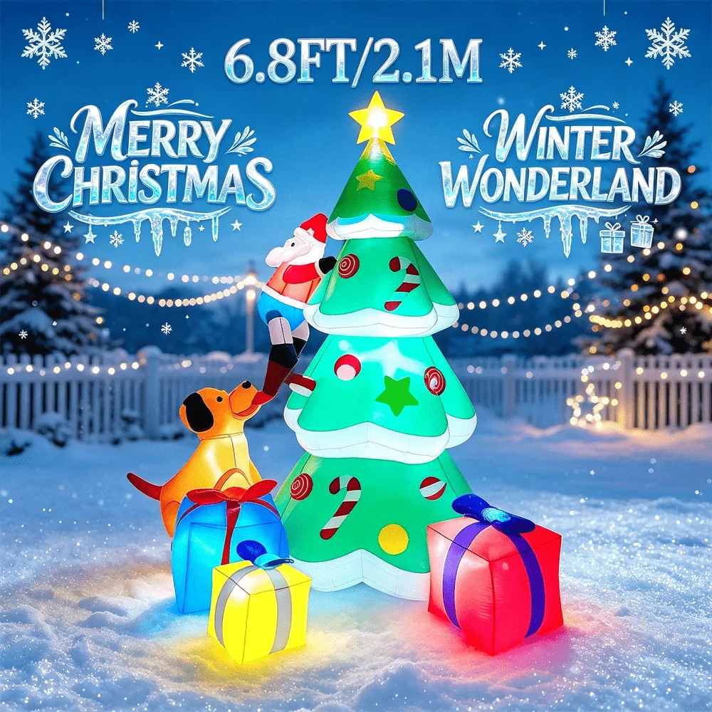 Christmas Inflatable Model Christmas Tree 6.8FT LED Lighted Xmas Tree with Puppy Biting Santa Outdoor Yard Funny Holiday Decor